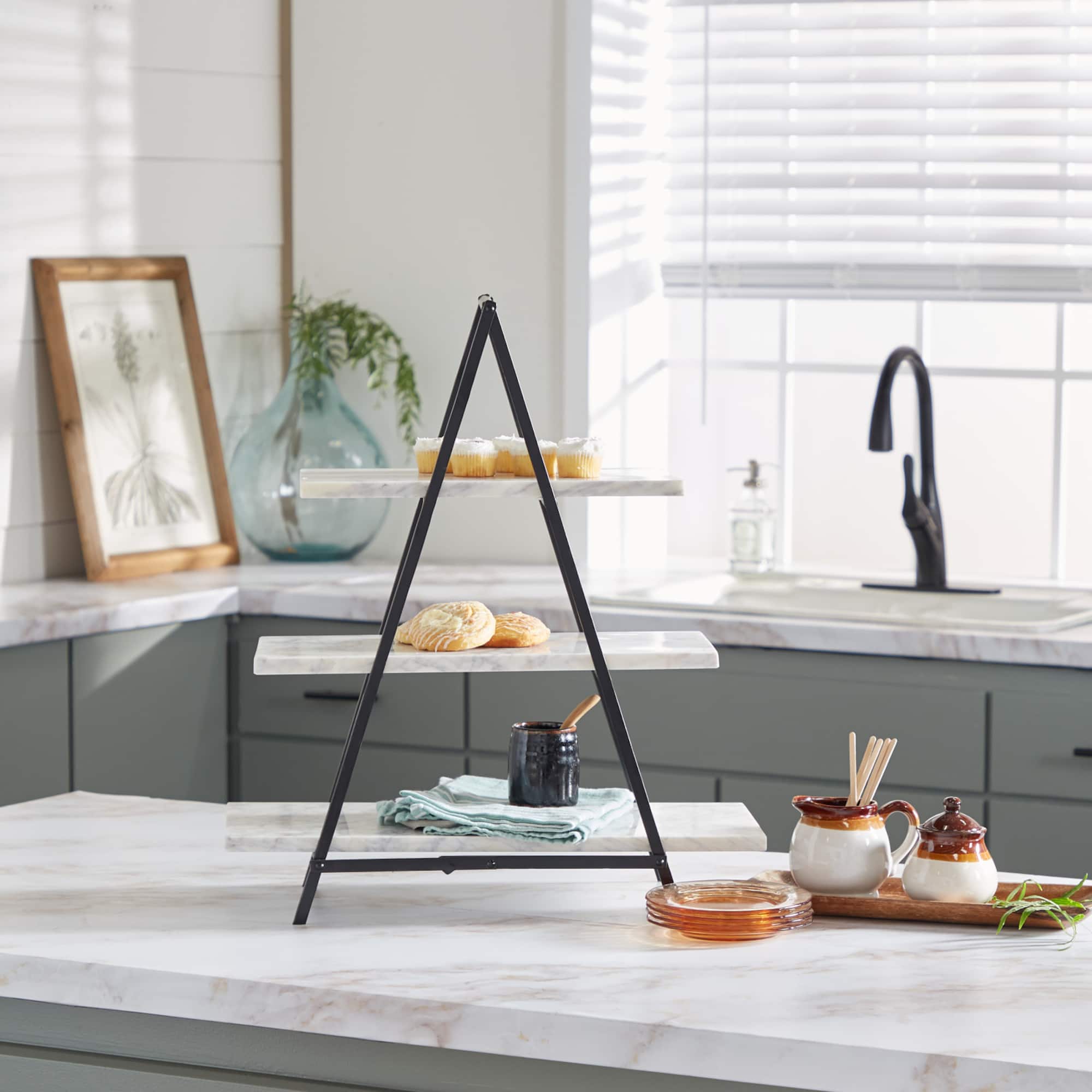 23" White Marble & Iron Contemporary 3-Tier Tray Stand